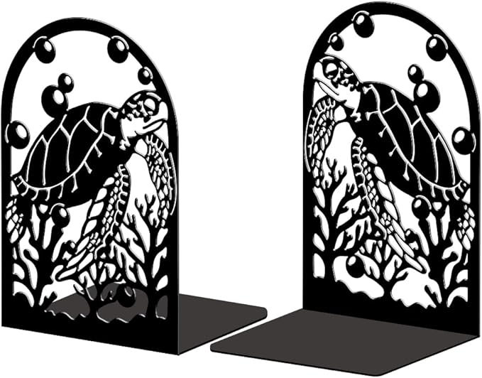 Peacoblue Metal Bookends for Shelves, Modern Decorative Heavy Duty Study Book Support Stoppers for Office, Desk, Shelf, Room 5.3"x4.3"x7.9" Cast Iron Simple Tall Bookends, 1 Pair (Sea Turtle)