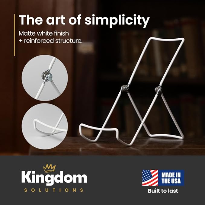 KINGDOM SOLUTIONS MADE IN USA 6-Pack Adjustable White Metal Easels - Book Stand - Sturdy Plate Stand for Art, Pictures, Books, Frames - Unique on the Market