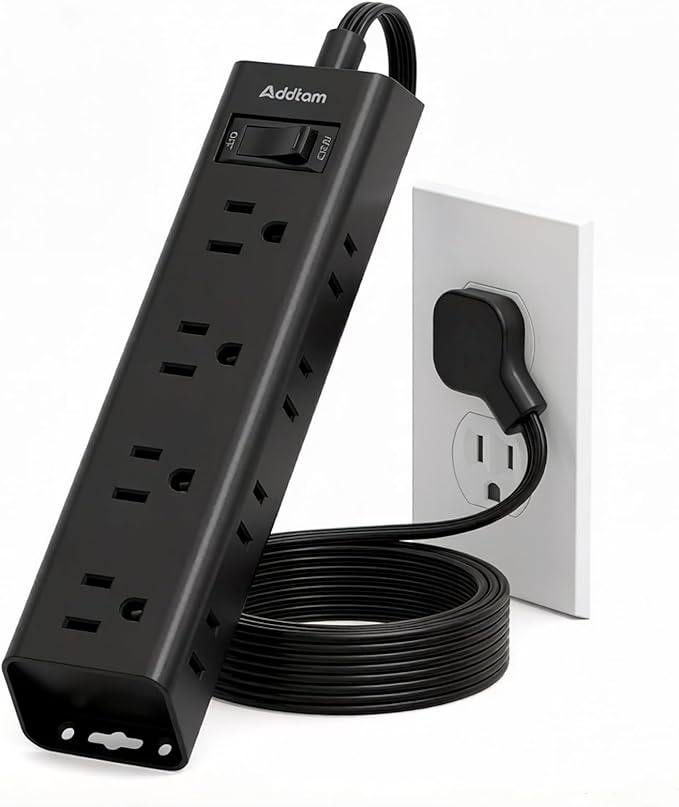 Addtam Power Strip Surge Protector with 12 Outlets, Flat Plug Extension Cord 10FT, Ultra Thin Wall Plug, 3-Side Wide Spaced Outlet Extender, Wall Mount Desk Charging Station for Home Office Garage