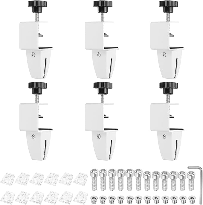 PATIKIL 6 Pcs 1/8" to 1/2" Adjustable Desk Divider Partition Clips, Aluminum Sneeze Guard Support Clamps Desktop Divider Clips for Offices Stores, Counter Privacy Panel,White