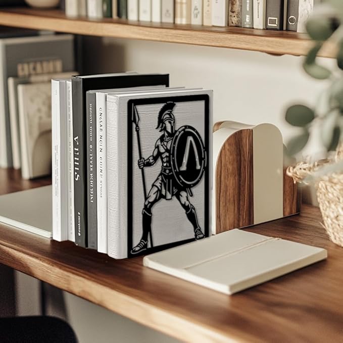 Peacoblue Metal Bookends for Shelves, Modern Decorative Heavy Duty Study Book Ends Stoppers for Office, Desk, Shelf, Room 5.3"x4.3"x7.9" Cast Iron Simple Tall Bookends 1 Pair (Spartan Warriors)