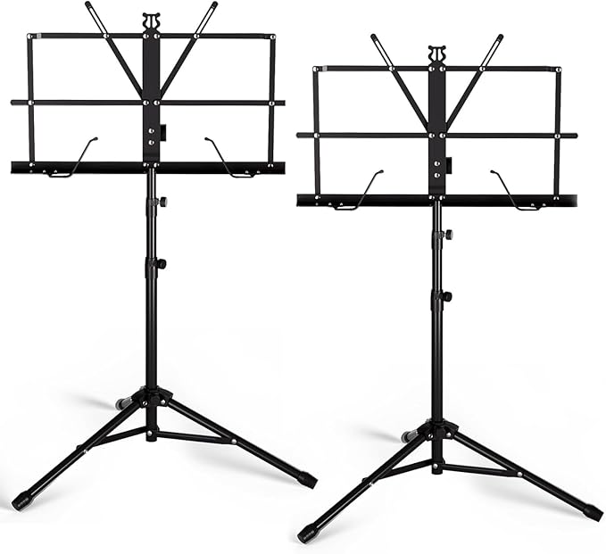 Music Stand, Kasonic 2 in 1 Dual-Use Folding Sheet Music Stand & Desktop Book Stand, Portable and Lightweight with Music Sheet Clip Holder & Carrying Bag Suitable for Instrumental Performance (2 Pack Black)