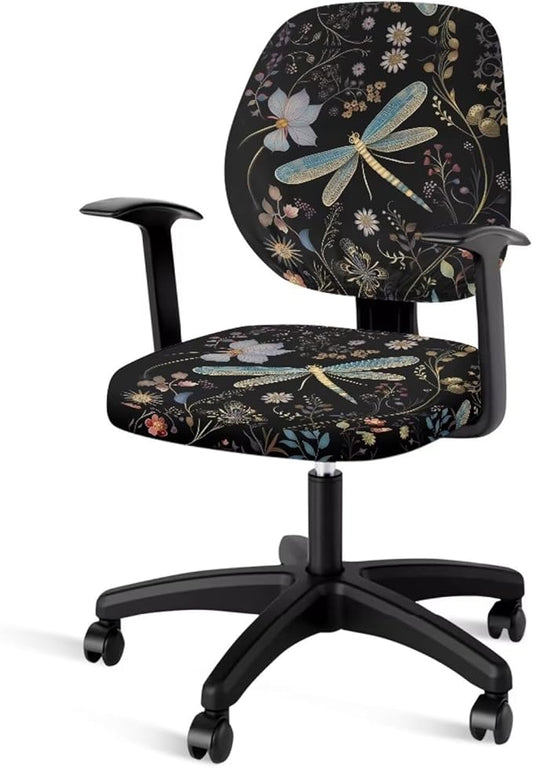 Dragonfly Flower Office Chair Covers Stretchable Computer Chair Seat Cover 2 Piece Desk Chair Slipcovers Protector Universal Fit Desk Rotating Chair,Computer Chair Office Decor