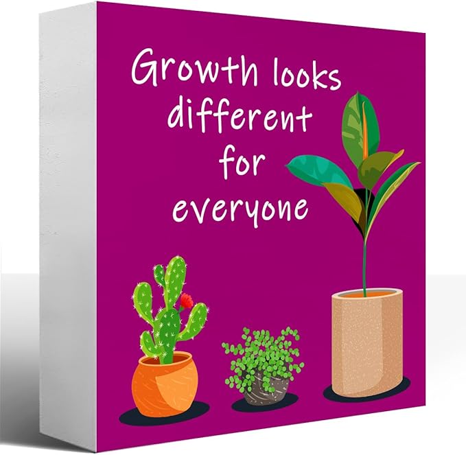 LVQHI Purple Inspirational Desk Sign,Growth Looks Different for Everyone Plant Motivational Wooden Block Sign for Home Bedroom Office Desk Decor 5“L x 5"W x 1.2"H