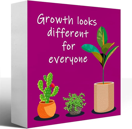 LVQHI Purple Inspirational Desk Sign,Growth Looks Different for Everyone Plant Motivational Wooden Block Sign for Home Bedroom Office Desk Decor 5“L x 5"W x 1.2"H