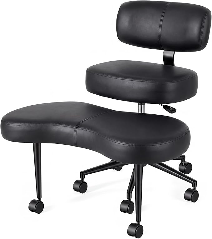 DUMOS Ergonomic ADHD Cross Legged Office Desk Chair with Adjustable Backrest, Height Adjustable Meditation Chair with 360° Swivel Footstool, PU Leather Yoga Stool for Home Office, PU Black