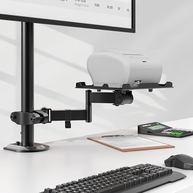 PUTORSEN Adjustable Pole Mount Printer Stand，Printer Pole Mount with 7.2x9.2 Inch Storage Tray for Thermal Printers, Full Motion Arm Holds 11 lbs, Fits 1.1-2.36 Inch Tube Diameters