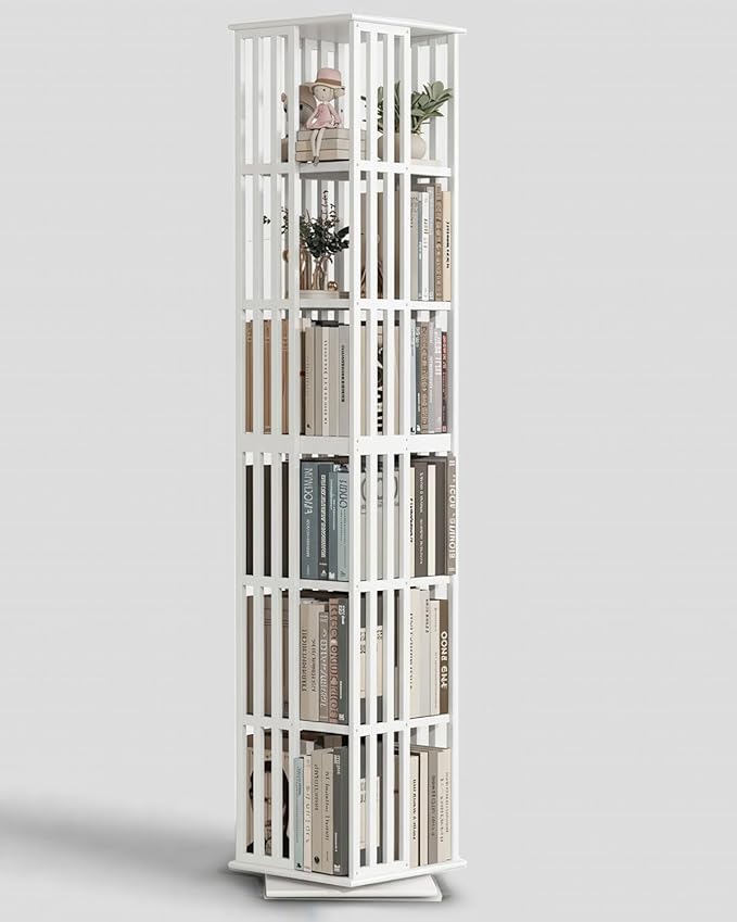 Lauxery Rotating Bookshelf Tower– 6 Tier 360° Bamboo Spinning Book Shelves| Space-Saving Tall Square Revolving Bookcase for Small Space, Living Room, Bedroom & Office | White Corner Bookshelf