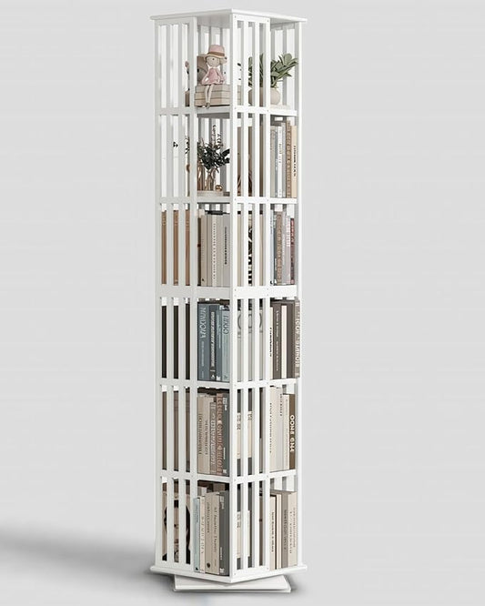 Lauxery Rotating Bookshelf Tower– 6 Tier 360° Bamboo Spinning Book Shelves| Space-Saving Tall Square Revolving Bookcase for Small Space, Living Room, Bedroom & Office | White Corner Bookshelf