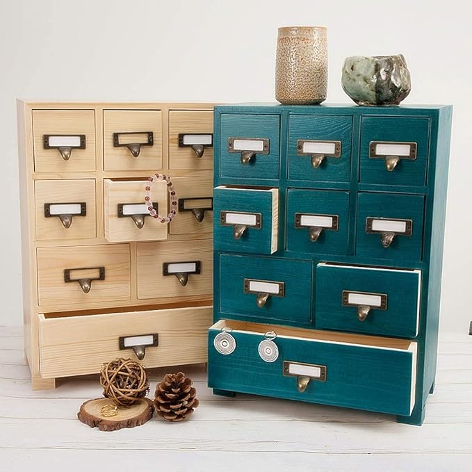 Apothecary Cabinet with 9 Drawers & Labels Rustic Library Card Catalog Cabinet Desktop Wooden Storage Box for Organize Herbal、Tea Bag、Jewelry (Blue)