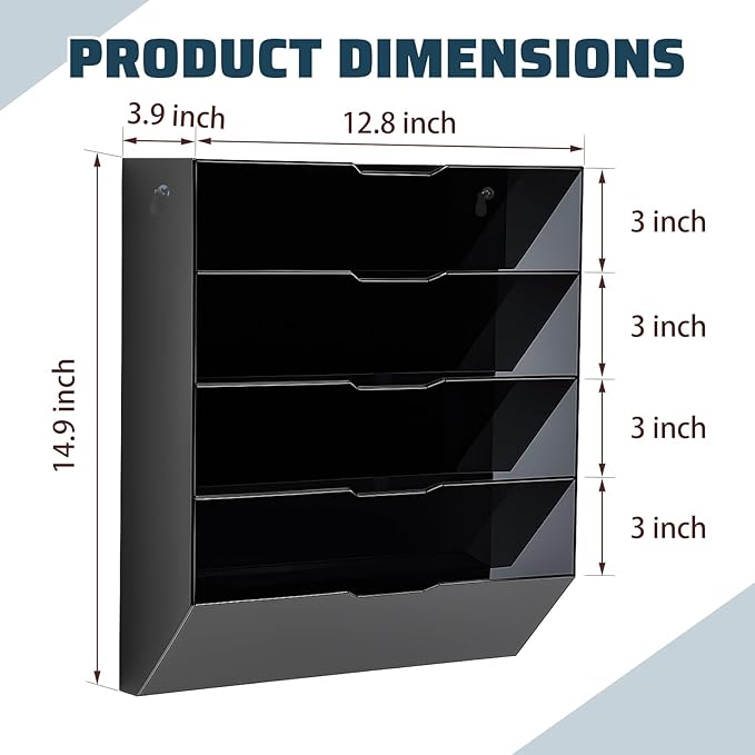 Chunful 5 Tier Mail Sorter Letter Wall Holder Black Acrylic Wall Mounted Mail Organizer Hanging File Envelope Pocket Plastic Mount Document Holder for Home Office Entryway
