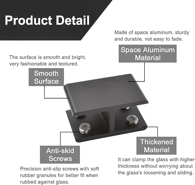 INCREWAY Glass Clamp, 4 Pack Adjustable Double Side Aluminum Alloy Shelf Support Bracket, Clip Holder for 18-20mm Thickness, 180 Degrees, Black