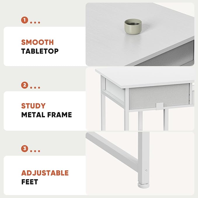 DUMOS 48" Small Computer Home Office Desk for Bedroom with Drawers, Gaming Writing Study Table with Storage Shelf, Adjustable Feet, Metal Frame White