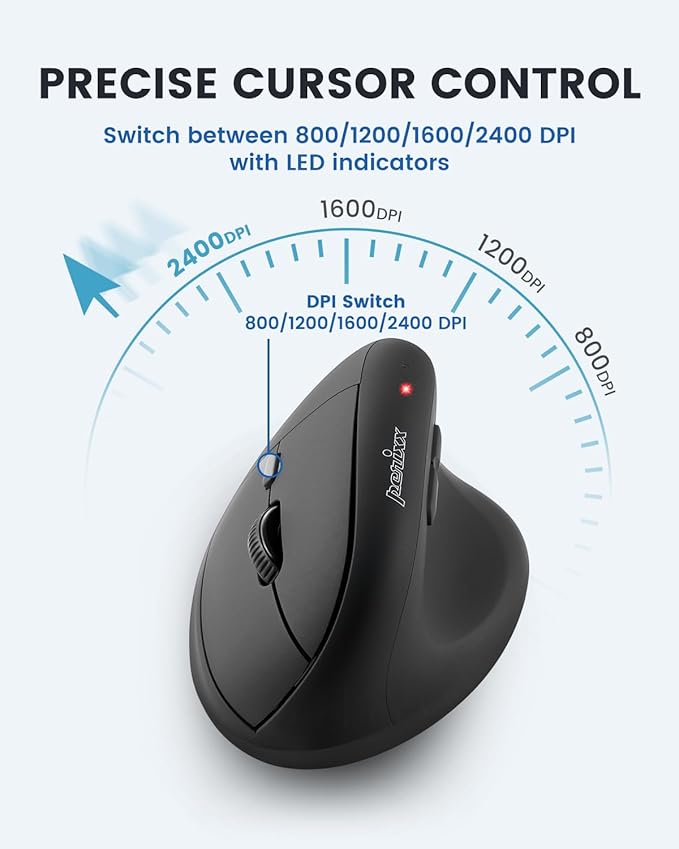Perixx PERIMICE-608II Wireless Vertical Mouse, 2.4GHz, 6 Buttons, Adjustable DPI 800/1200/1600/2400, Right-Handed Design, USB Receiver, Black
