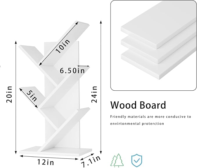 SHEEPAM 5 Tier Tree Book Shelf, Small Desktop Bookshelf with Storage Organizer, Wood Bookcase, Desk Display Bookshelves, Floor Standing Organizer Bookcases for Living Room,Bedroom,Office-White