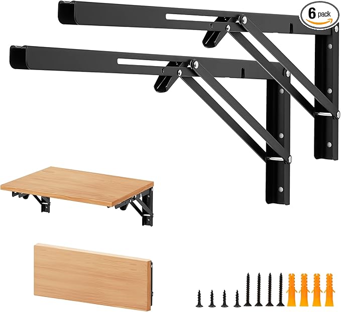 Home Expert 20 Inch Folding Shelf Brackets, 6 Pack (3 Pairs) Heavy Duty Metal Collapsible Wall-Mounted Brackets, Space-Saving DIY Foldable Shelf for Benches and Tables, Matte Black