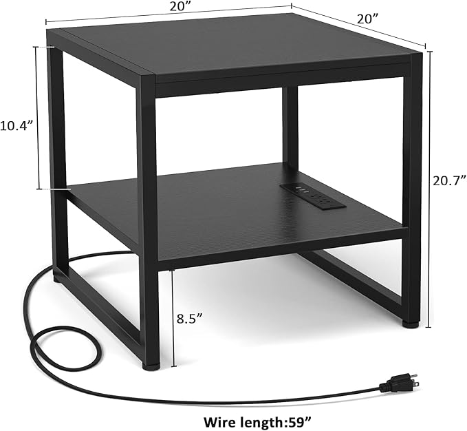 Homieasy End Table with Charging Station, 20" Mini Fridge Stand with Power Outlets, Heavy Duty Side Table for Living Room, Small Table Stand & Fridge Table, Black, 2 Pack