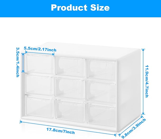 2 Pcs Mini Plastic Drawer Organizer with 9 Clear Drawers, White Small Desktop Storage Compartments for Office, School, Home, Craft Supplies & Jewelry