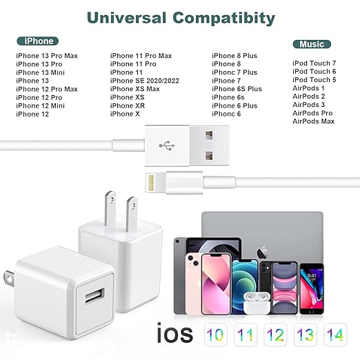 iPhone Charger,Cube iPhone Charger Travel 2Pack 6FT Lightning Cable Cord Quick Fast Charging Cord USB Wall Chargers Travel Plug Adapter for iPhone14/13/12/11/10/X/8 Plus/XR/XS Max/7/SE/iPad,Airpods