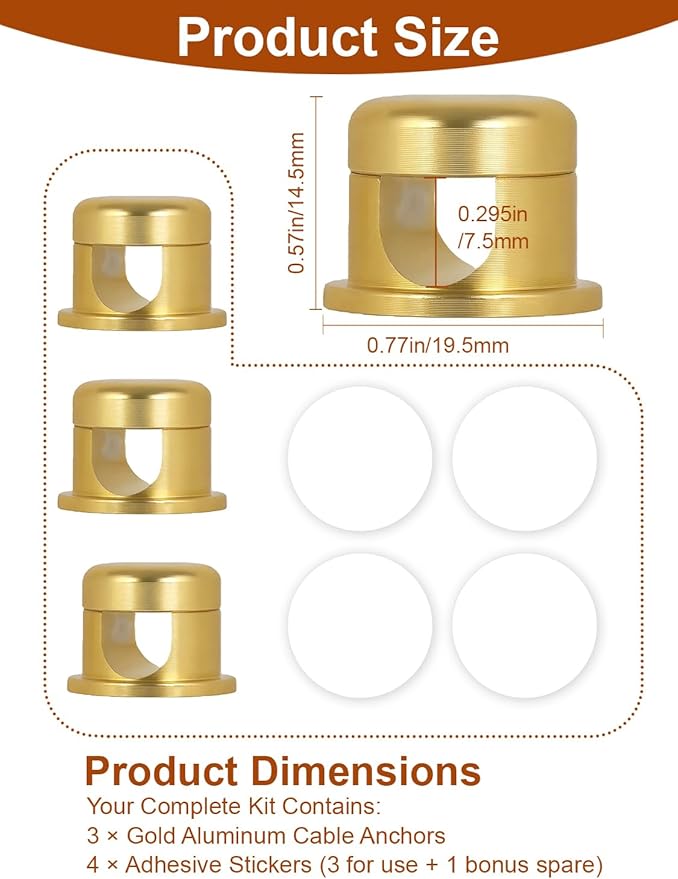 Wider Base Strong Adhesive Desk Cord Holder 3 Pack, Aluminum Gold Screw-top Cord Holder for Nightstand, Cable Holder Desk Organizer for Phone Charger, Cable Management Clips to Keep Cables Tidy