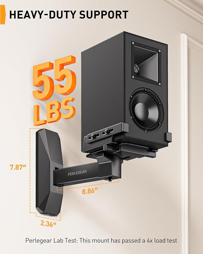 Perlegear Speaker Wall Mounts, Bookshelf Speaker Mounting Brackets with Dual Side Stable Clamp Design, Wide Tilt & Swivel Shelf for Large Surrounding Sound Speakers, Up to 55 lbs, 1 Pair