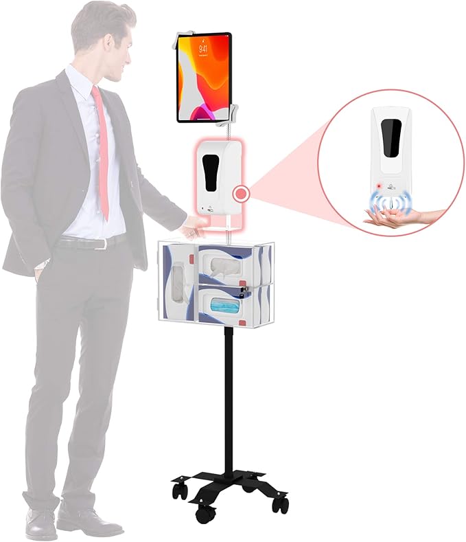 Gooseneck Floor Stand – CTA Compact, Height-Adjustable Sanitizing Station w/Automatic Soap Dispenser and Holder for iPad 7th/ 8th/ 9th Gen 10.2”, Surface Pro 4, and Other 7-13” Tablets (PAD-CGSST)