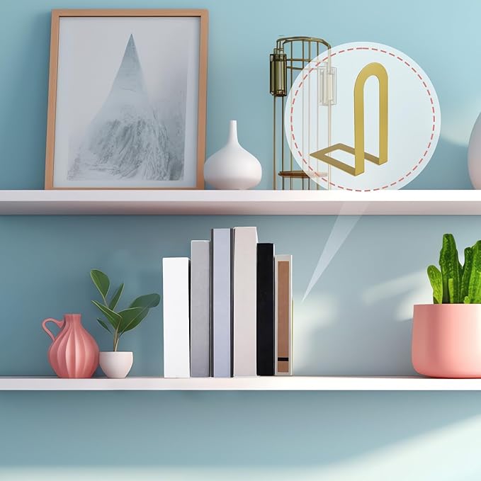 Chunful 6 Pcs Gold Book Ends for Shelves Decorative Small Modern Metal Bookends Book Shelf Organizer Minimalist Design Stopper to Hold Books for Home Office(5.5 * 3.75 * 2.25inch)