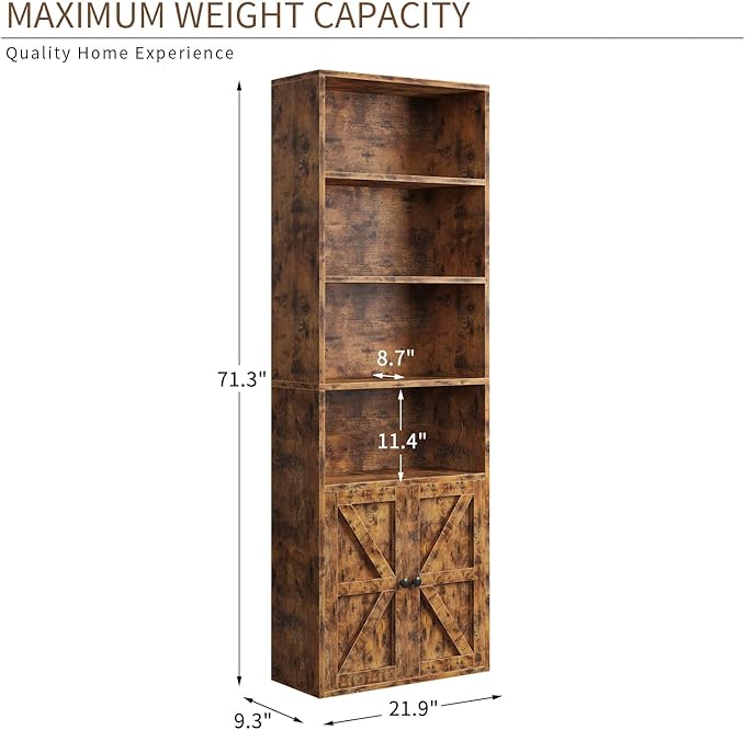 71.5" Tall Farmhouse Bookshelf, 6-Tier Bookcase with Cabinet Doors, Tall Display Shelves with Storage for Home Office, Living Room