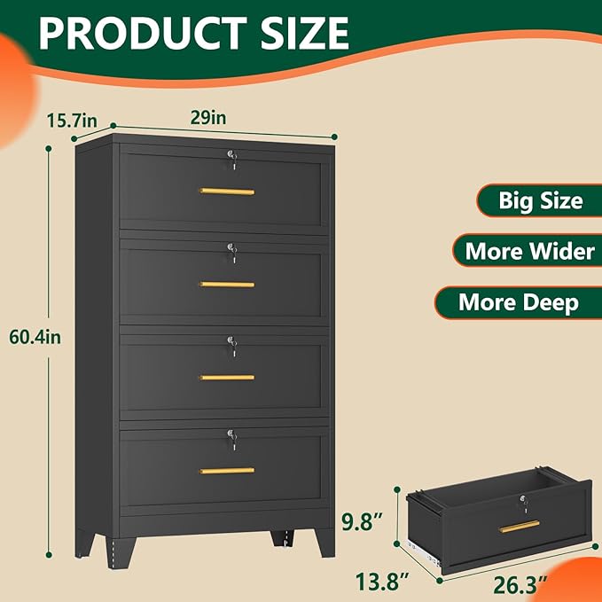 winiowa 3 Drawer File Cabinet, Metal Lateral File Cabinet with Lock, Locking Filing Cabinets for Home Office,Wide Office Storage Cabinet for Hanging Files Letter/Legal/F4/A4 Size (Black, 3-Drawer)