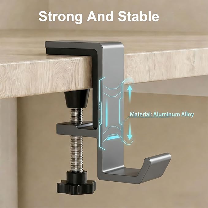 Headphone Stand - Aluminum Alloy Headphone Holder, Under Headset Stand for Desk Fit for PC Gaming Headset Hanger Hook Suitable for Office, Computer, Student Class Desk, Handmade Creator Table (Grey)