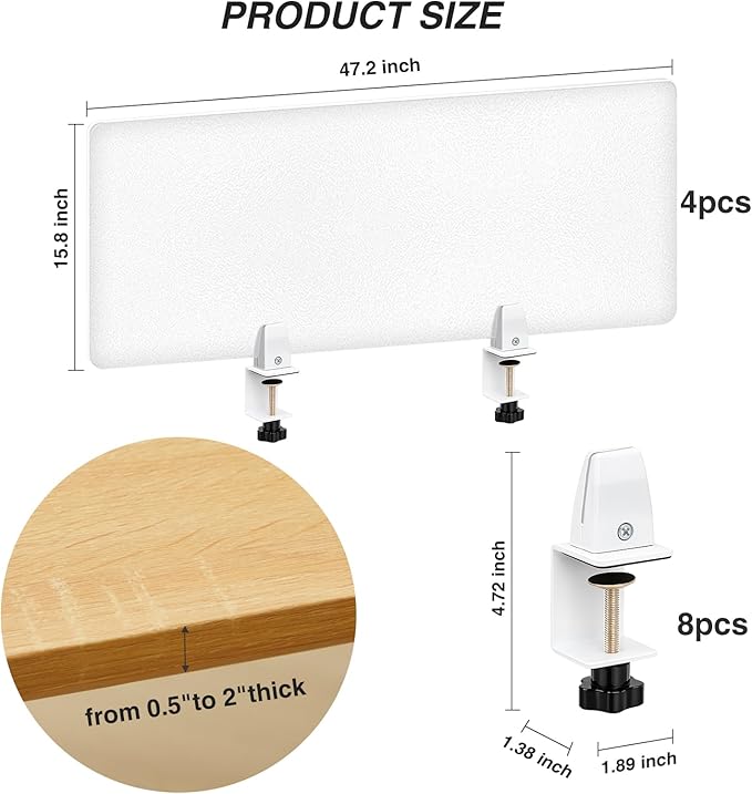 Tatuo 4 Pcs 47.2'' L x 15.8'' W Desk Privacy Panel Frosted Acrylic Office Desk Divider Partition with Adjustable Universal Base for Offices Schools Reception Area Call Centers