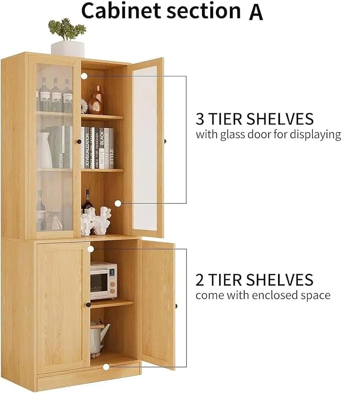 TUSY 71" H Bookshelf with Storage, 6-Tier Modern Bookshelves with 3 Large Drawer, Display Bookcase with Glass Doors, Modern 5-Tier Curio Cabinet for Home Office, Dining Room (Wood, ABBA)