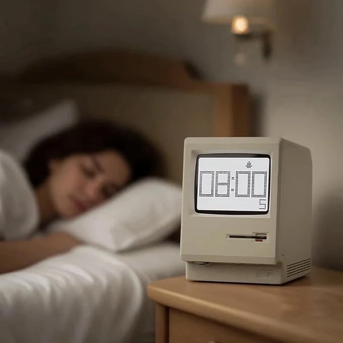 RayCue Maclock WB-8 Retro Pixel Alarm Clock - 1984 Computer-Inspired USB Desk Clock with Pixel Display, Multiple Alarms & Adjustable Brightness | Maclock Calendar, Temperature, Unique Retro Tech Gift