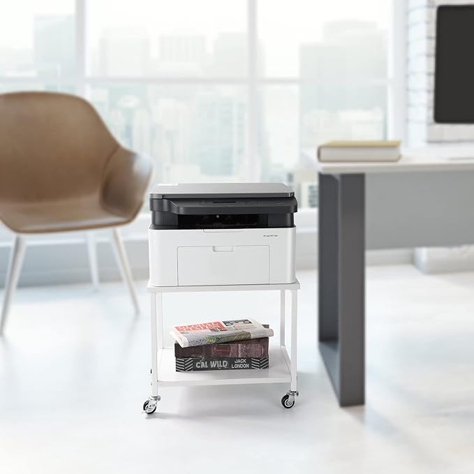 BTY Under Desk Printer Stand 2 Tier White Printer Stand with Storage Shelf Small Printer Table with Rolling Wheels for Office Home Scanner Printer (White)