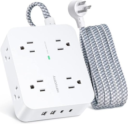 6Ft Surge Protector Power Strip with USB C, HANYCONY Extension Cord with 8 Outlets(2.2 IN) 4 USB Ports(2 USB C), Flat Plug, Wall Mount, 3 Side Outlet Extender for Home Dorm Room Essentials, ETL Listed
