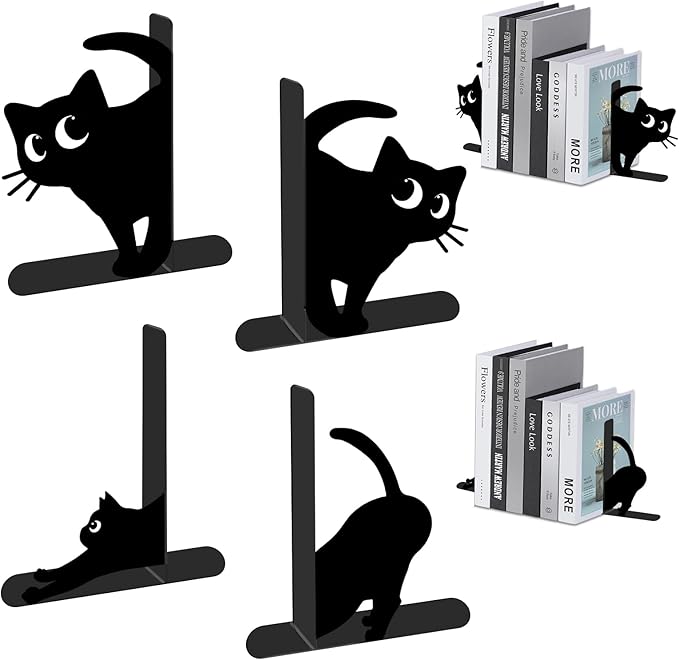 4 Pcs Cat Metal Bookends - Cute Cats Book Ends for Shelves Decorative, Home Office Desk Bookshelf Decor, Gift for Cat Lovers and Reading Enthusiasts, Christmas Reading Gifts for Women
