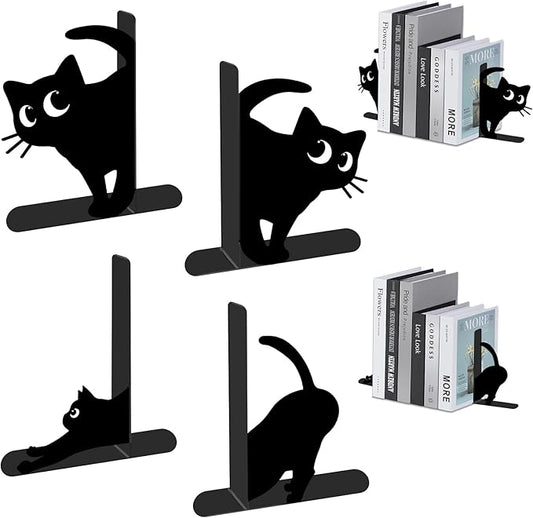 4 Pcs Cat Metal Bookends - Cute Cats Book Ends for Shelves Decorative, Home Office Desk Bookshelf Decor, Gift for Cat Lovers and Reading Enthusiasts, Christmas Reading Gifts for Women