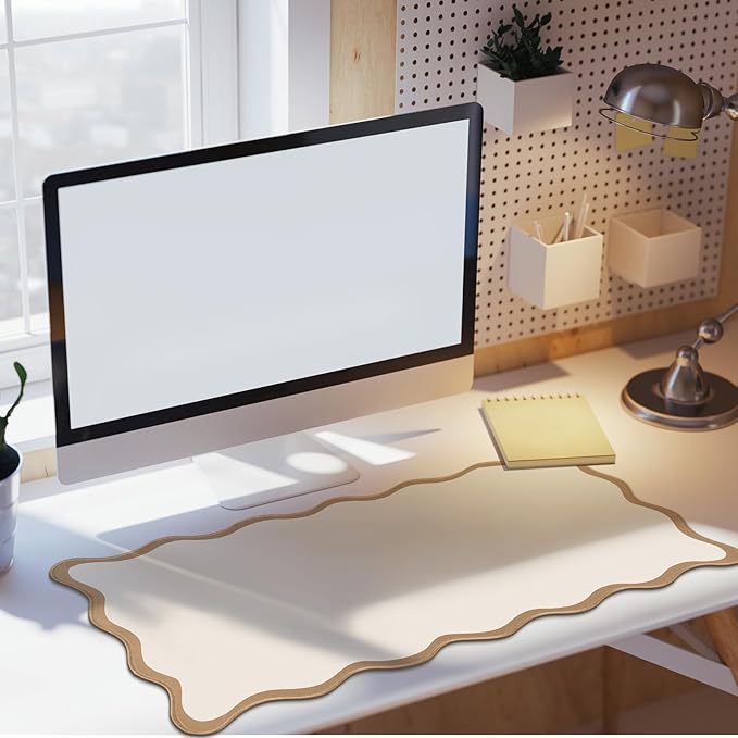 Hahafelt Scalloped Desk Mat Large Scalloped Piping Cute Desk Mat Aesthetic Preppy Table Pad Large Nonslip Pad with Edge Stitching Waterproof Gaming(Beige,31.5 x 15.8 Inches)
