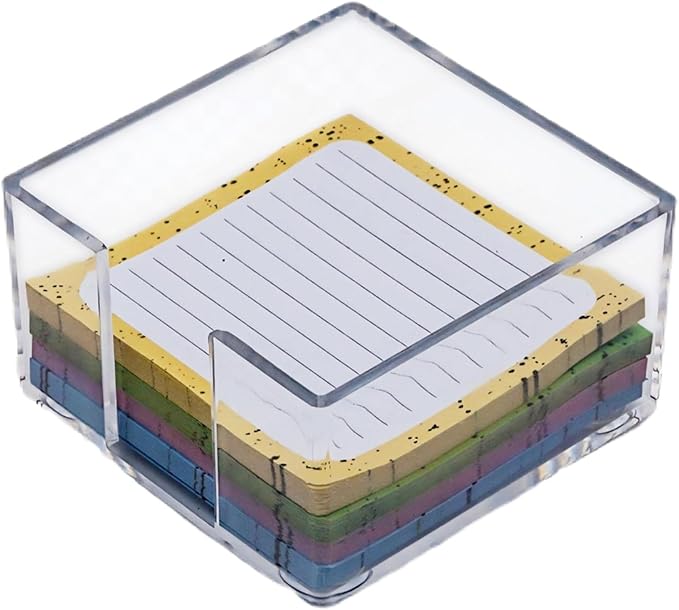 Acrylic Sticky Note Holder - 3 x 3 Sticky Note Dispenser with 4 Sets of Colored Sticky Notes for Office and Home Desktop Organizer