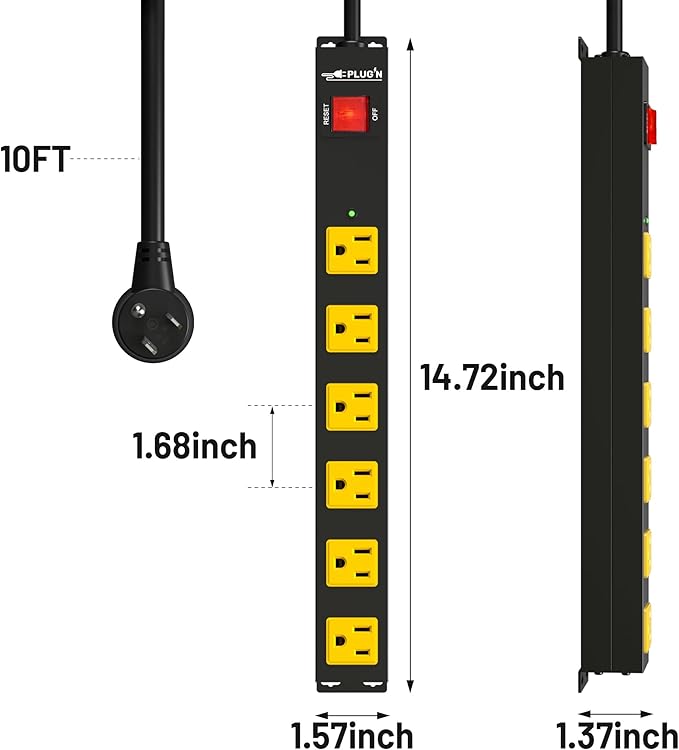 Power Strip 2700J Surge Protector, Heavy Duty Power Strips with 10FT Long Cord and Flat Plug, Wall Mountable Metal 6 Outlet Strip for Desk, Garage, Workbench and Kitchen