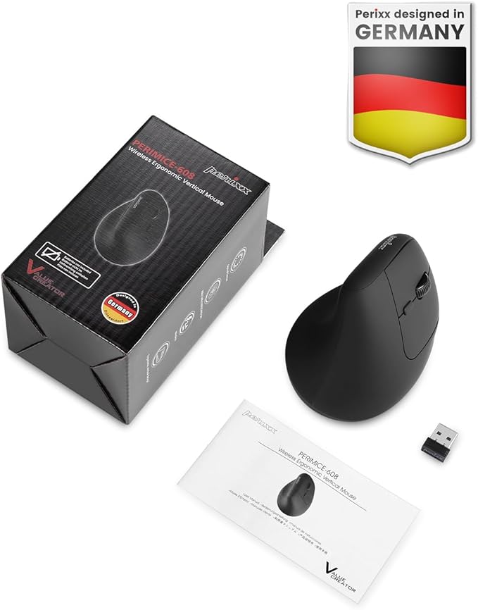 Perixx PERIMICE-608II Wireless Vertical Mouse, 2.4GHz, 6 Buttons, Adjustable DPI 800/1200/1600/2400, Right-Handed Design, USB Receiver, Black