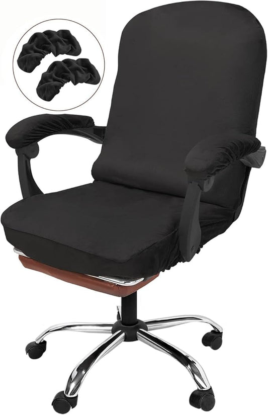 NeColorLife Velvet Office Chair Cover with Armrest Covers - Stretchable High Back Desk Computer Chair Slipcover for Large Rotating Boss Chairs (Large,Black)