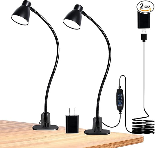 2 Pack Clip Desk Lamp, Ultra-Flexible Gooseneck Clip Reading Lights, 3000K-6500K Adjustable Color Temperature & Brightness, 6W Eye-Care LED for Office, Study, Bedside(USB Adapter Included)
