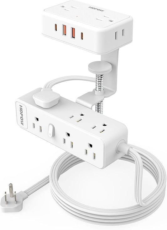 HOPOW Dual Layer Desk Clamp Power Strip（White）, Desktop Edge Mount Charging Station with 13 Outlets 4 USB Ports (2 USB C), Under Desk Surge Protector(1700 Joules), 10 Ft Extension Cord for Office