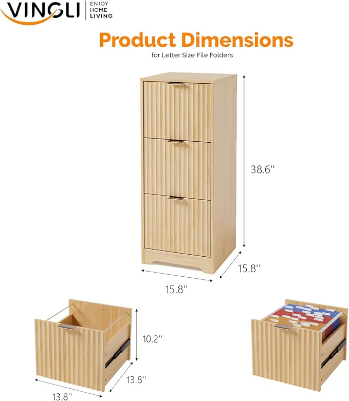 VINGLI Tall 3 Drawer File Cabinet, Home Office Filing Organizer, for Letter Size File Folder Storage, Modern Style Fluted Design, Wood Vertical Filing Cabinet, Printer Stand, Archivador (Oak)