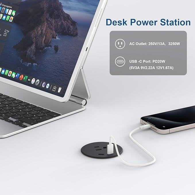 Desk Power Grommet, Haylink Recessed Power Strip with AC Outlet & 2X PD 20W USB C | 6.56FT Cable | 2.36"(60mm) Cut Hole| for Modern Desk, Kitchen Island & Workshop, Black
