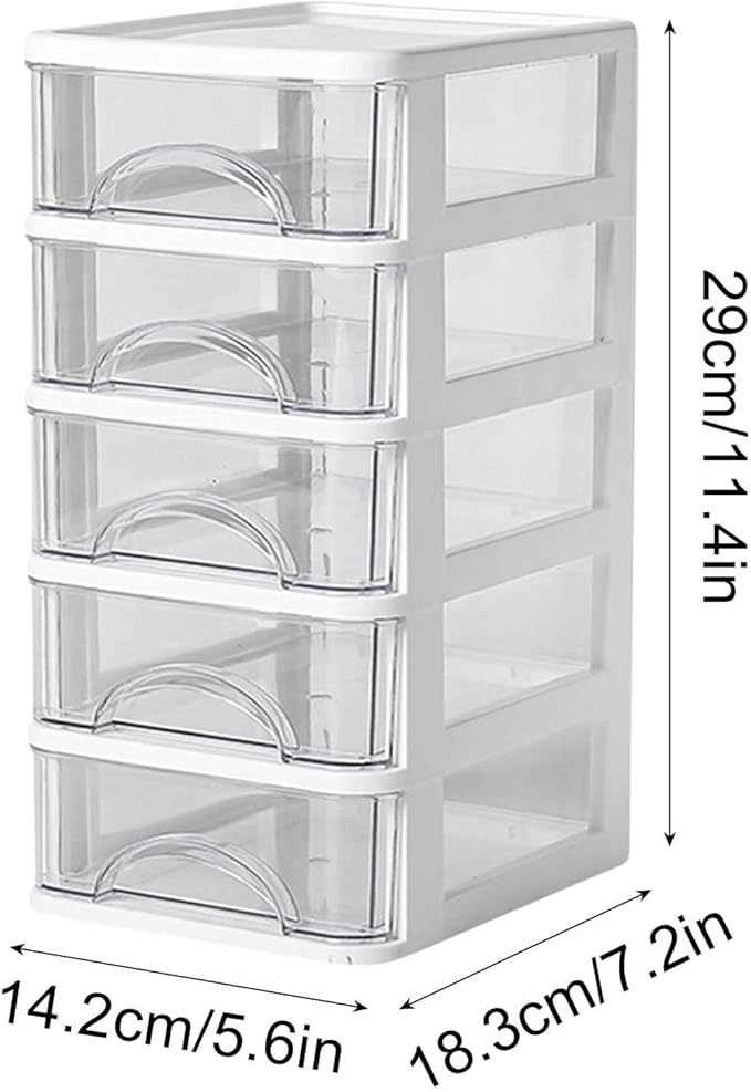Mini Desktop Drawer Plastic White Frame with Clear Drawers Small Storage Drawers Containers Multi-layer Storage Organization Units for Storing Arts, Crafts, Sewing Accessories, Stationary (5 Layers)