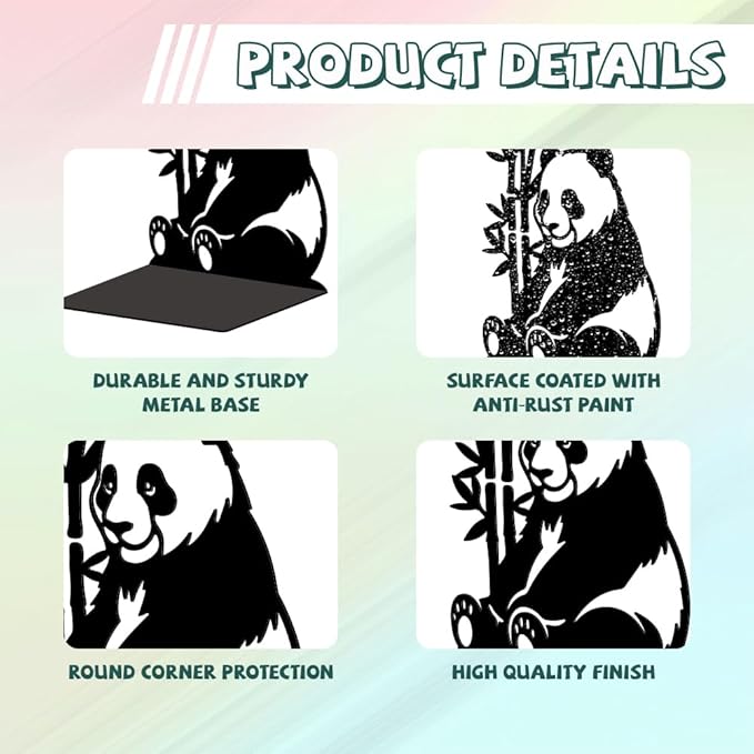 Peacoblue Metal Bookends for Shelves, Modern Decorative Heavy Duty Study Book Support Stoppers for Office, Desk, Shelf, Room 5.3"x4.3"x7.5" Cast Iron Simple Tall Bookends, 1 Pair (Panda and Bamboo)