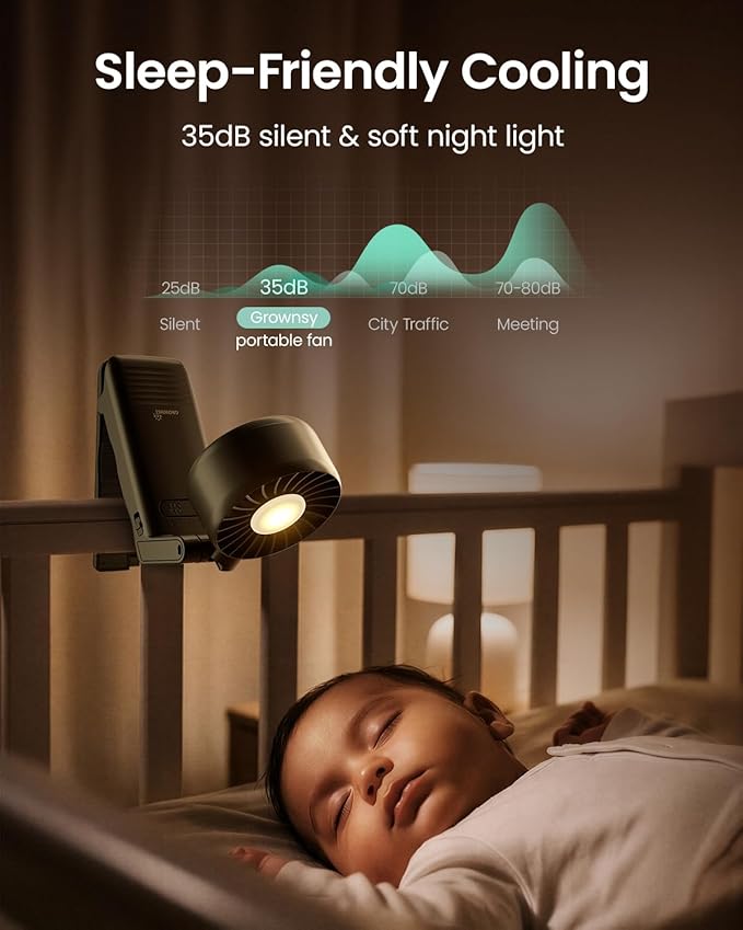 GROWNSY Portable Stroller Fan with Clip | Foldable Mini Fan for Baby Carrier | Small Handheld Fan with Soft Night Light | Rechargeable 4-Speed Baby Fan for Travel/Desk/Bed/Backpack/Car Seat (Black)