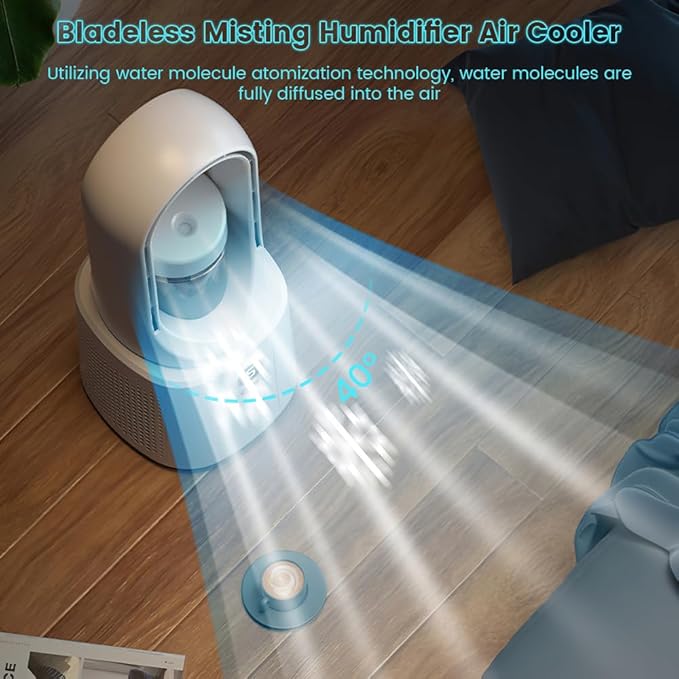 Bladeless Fan for Desk, Night Light & Humidifier Cooler, Desk Fan Quiet, 5 Speeds for Powerful Airflow, Silent Desk Fan, Bladeless Tower Fan for Bedroom, Office, Nightstand
